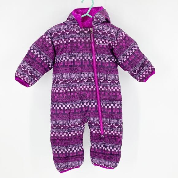 Columbia Snowsuit pink black fleece lined hoodedfeet & hand covered size 3-6M